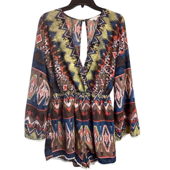 Illa Illa Women Romper Southwest Patterned Crochet Trim Bell Sleeve Brown Large - Picture 1 of 8